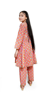 pink geometric print lawn 2 piece casual dress for girls